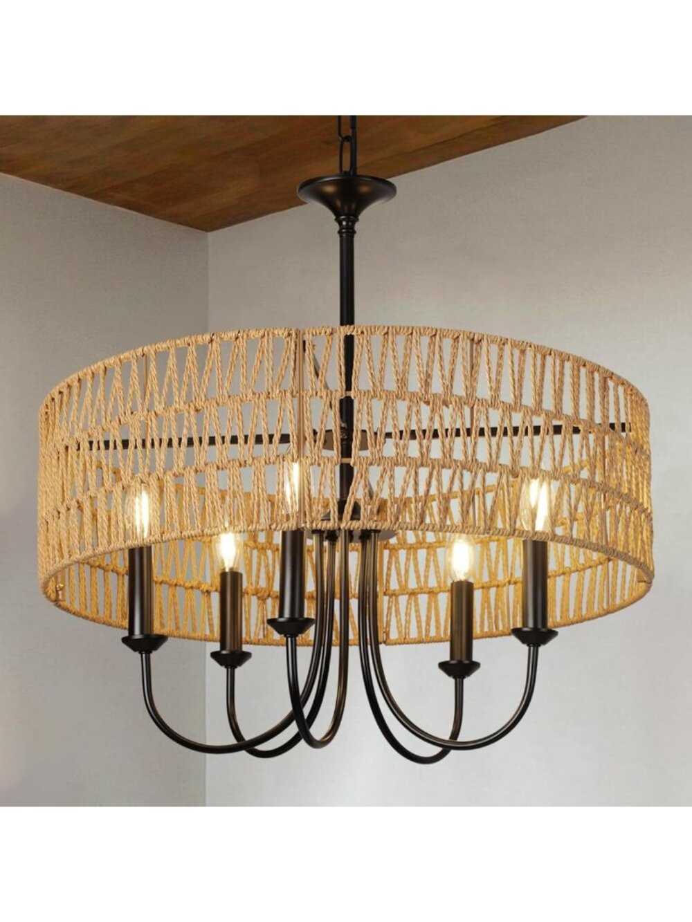 24-Inch Boho Rattan Chandelier - Hand-Woven Pendant Light for Rustic Home Decor